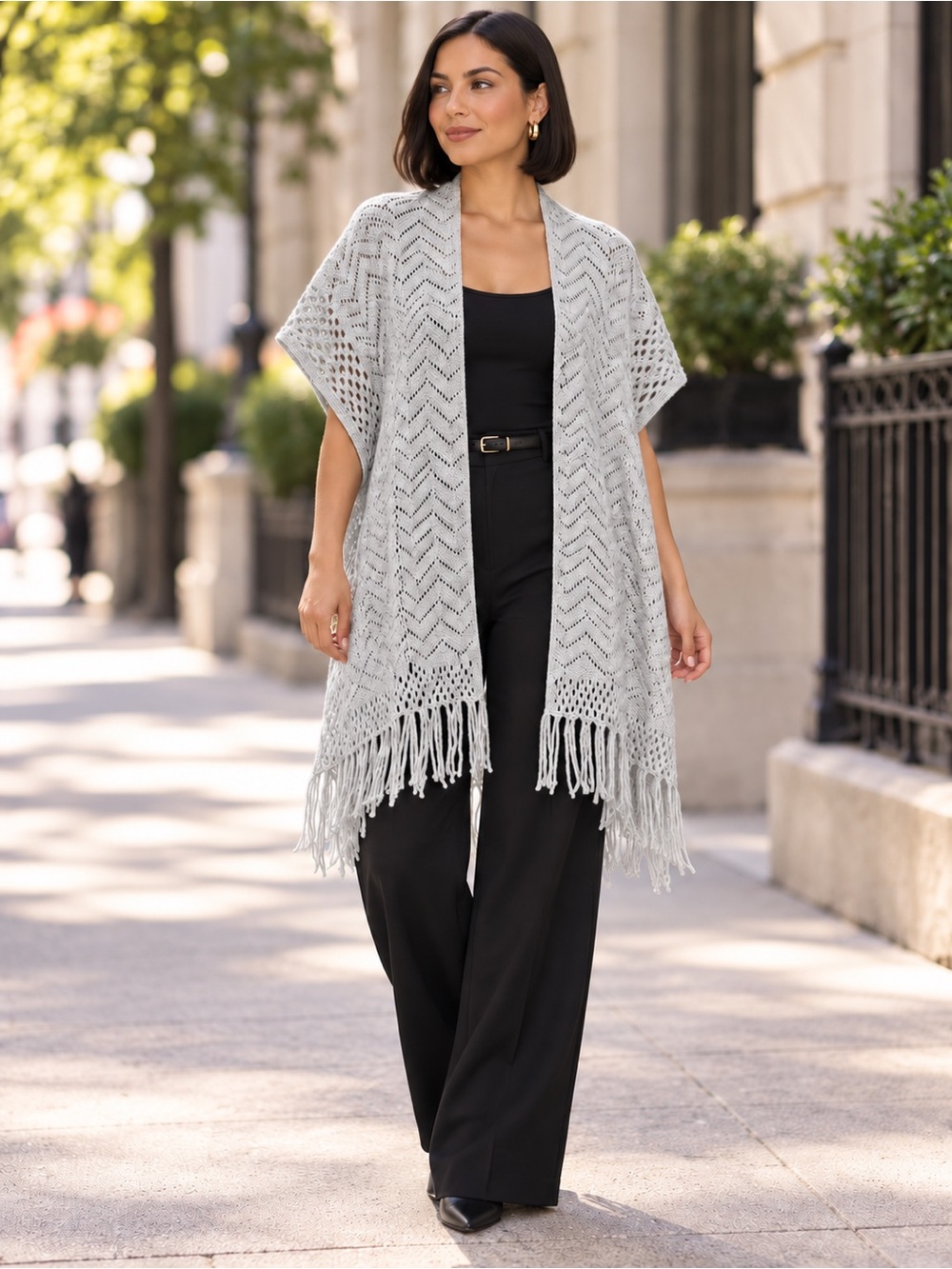 Do everything in love Light Gray Fringe Knit Poncho